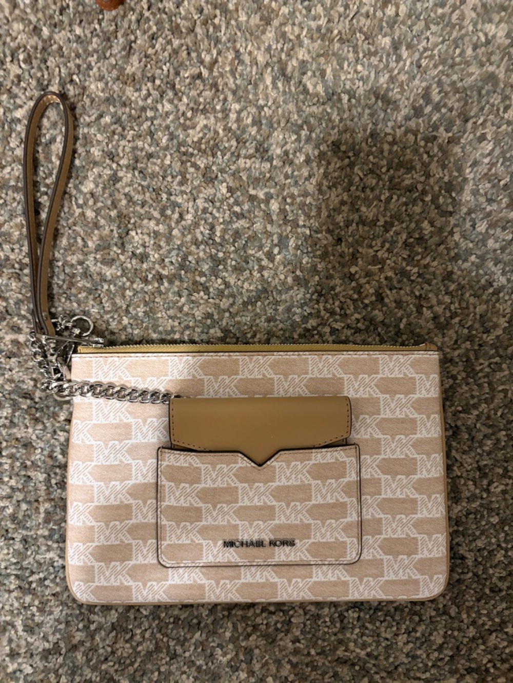 Michael Kors Tan and Ivory Logo Wristlet Clutch